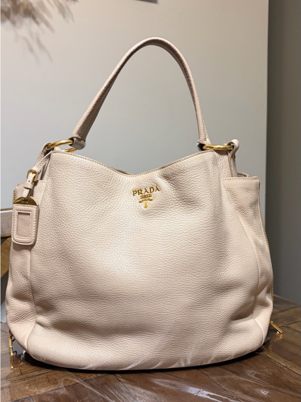 Prada Cream Pebbled Leather Shoulder Hobo with Gold Hardware